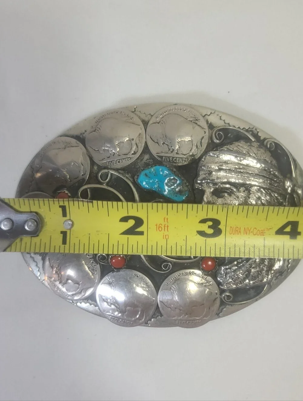 Native American Nickel Silver Turquoise Coral Buffalo Indian Head Belt Buckle